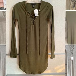 Long sleeved ribbed olive sweater dress